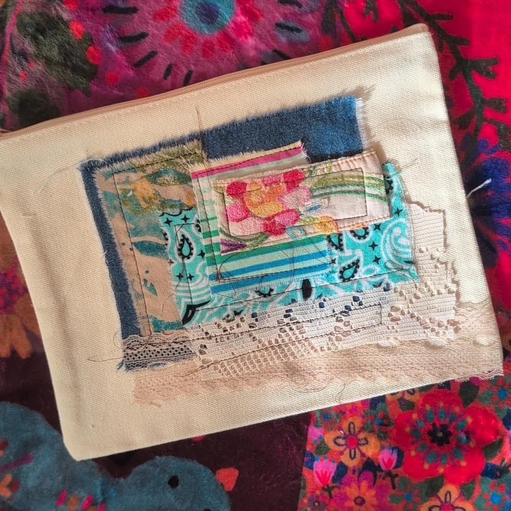 Upcycled Canvas Zipper Pouch PICK ONE! embellished w fabrics HANDMADE ITEM - Picture 4 of 4